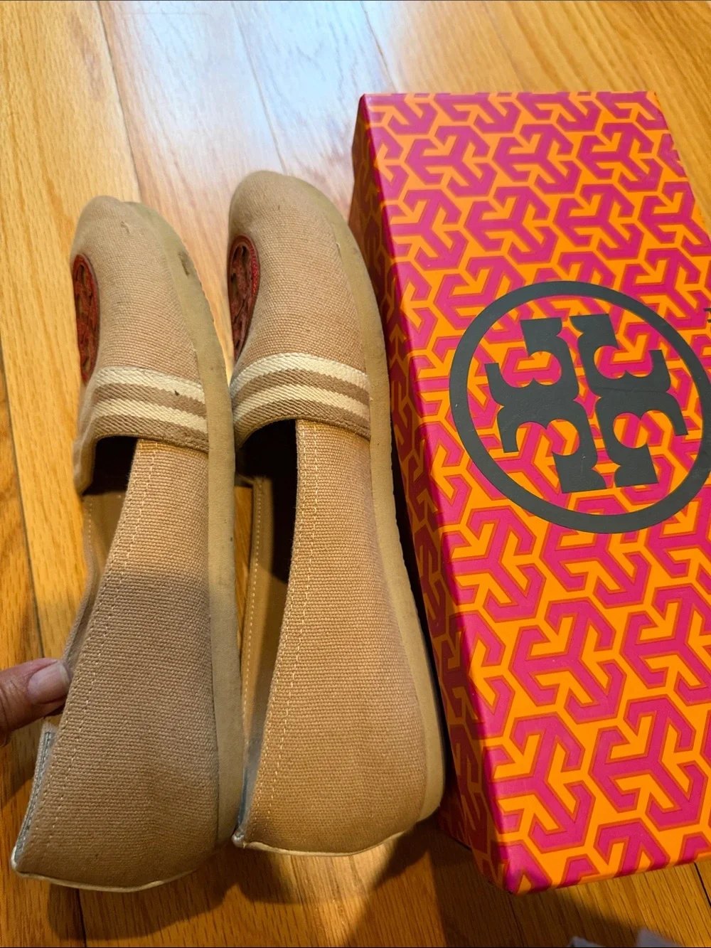 Tory Burch Tan Canvas Slip-Ons with Red Logo Medallions